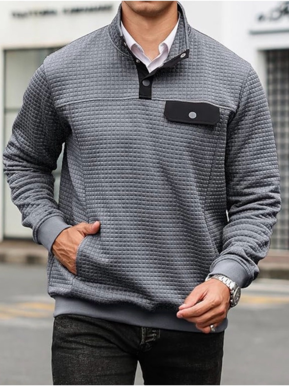 Men's Quilted Grey Button Pullover Sweatshirt casual, waffle stand collar. R9B